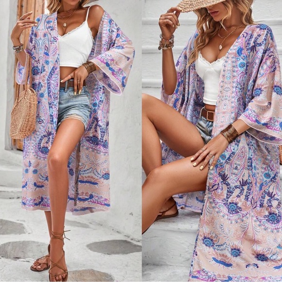 Paisley Print 3/4 sleeve Kimono Cover up - Picture 3 of 6